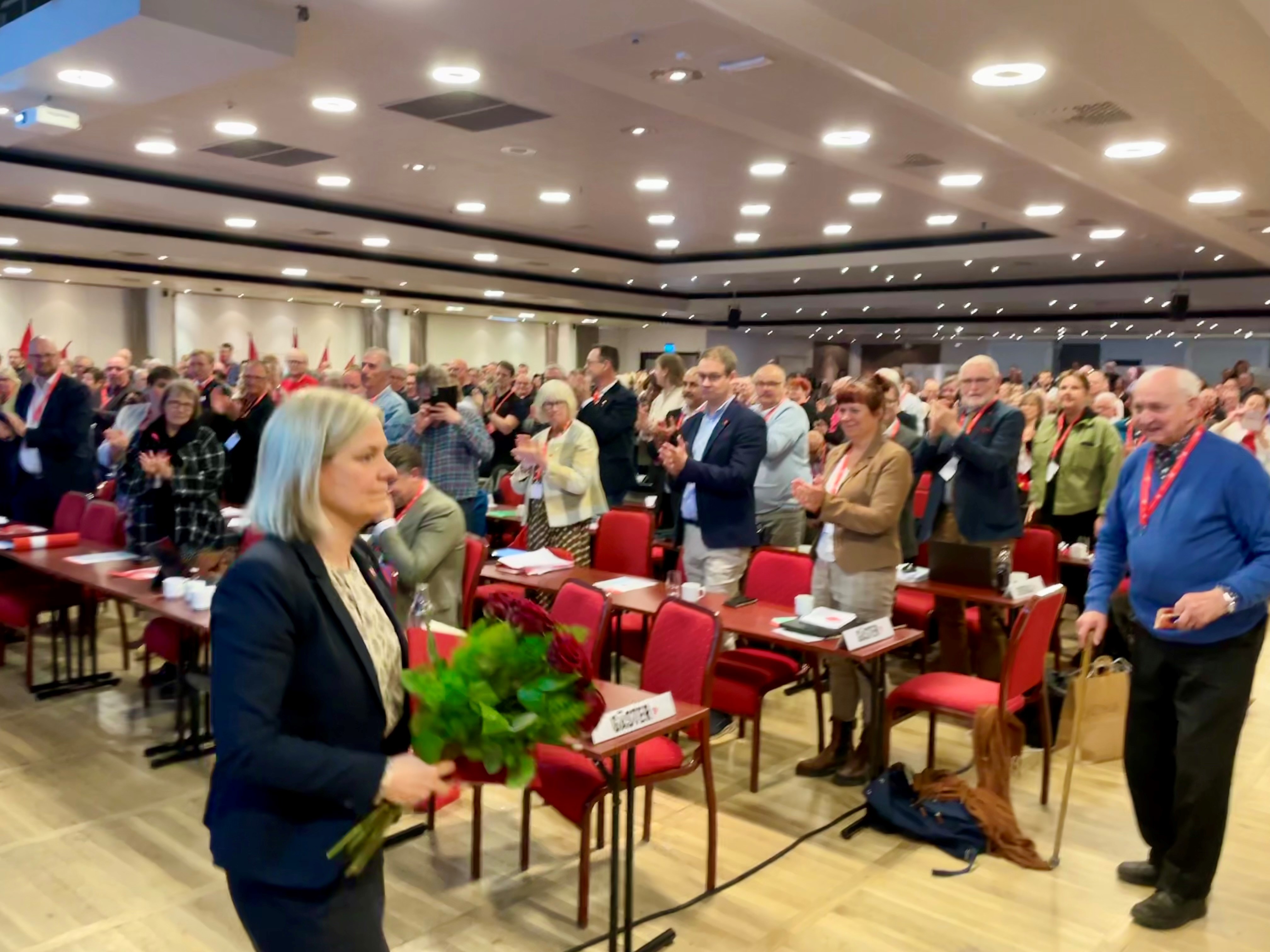 Magdalena Andersson vid Socialdemokraterna i Skånes distriktskongress i Helsingborg 2023.