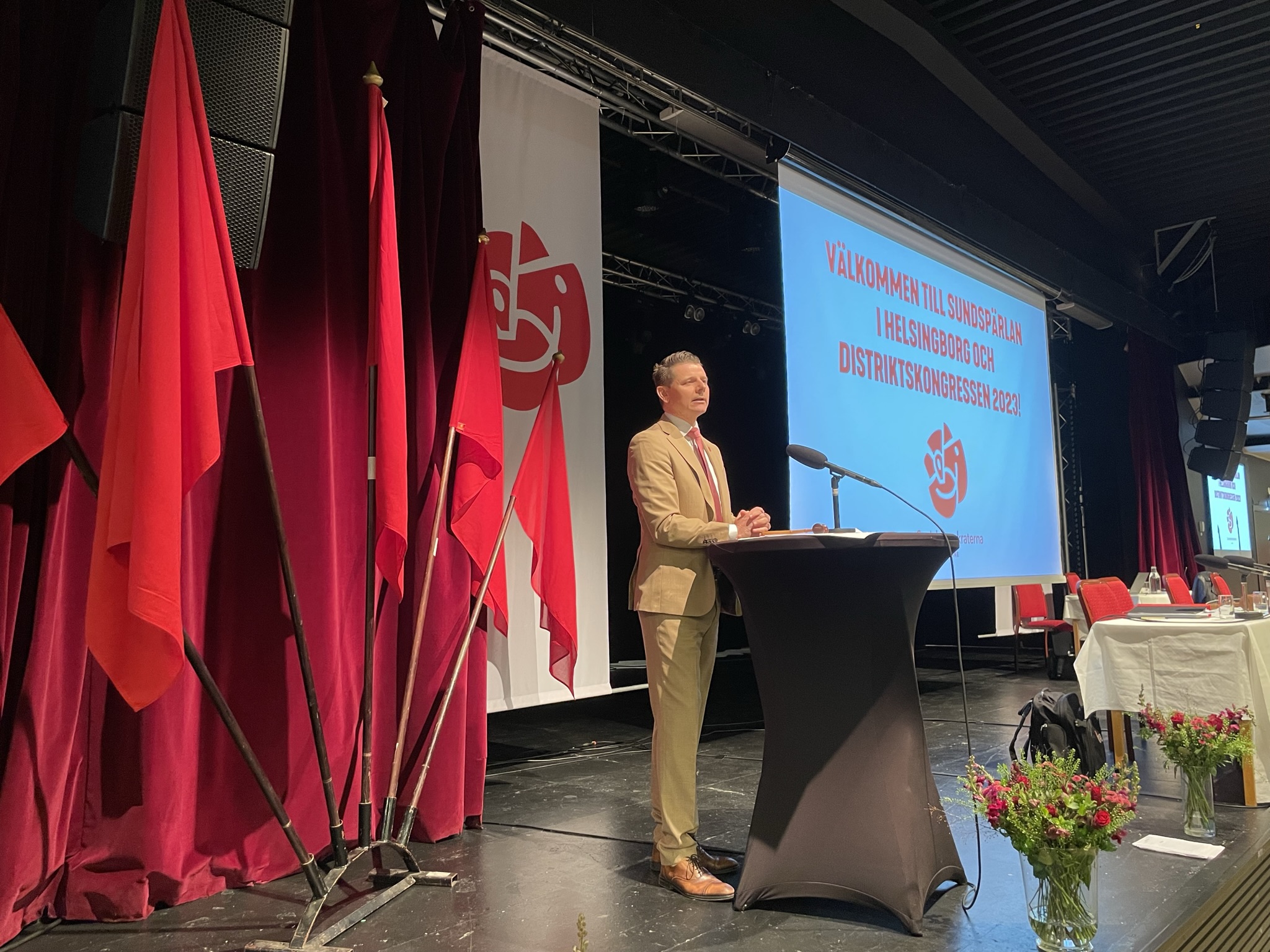 Niklas Karlsson, ordförande för Socialdemokraterna i Skåne, vid Socialdemokraternas distriktskongress i Helsingborg 2023.